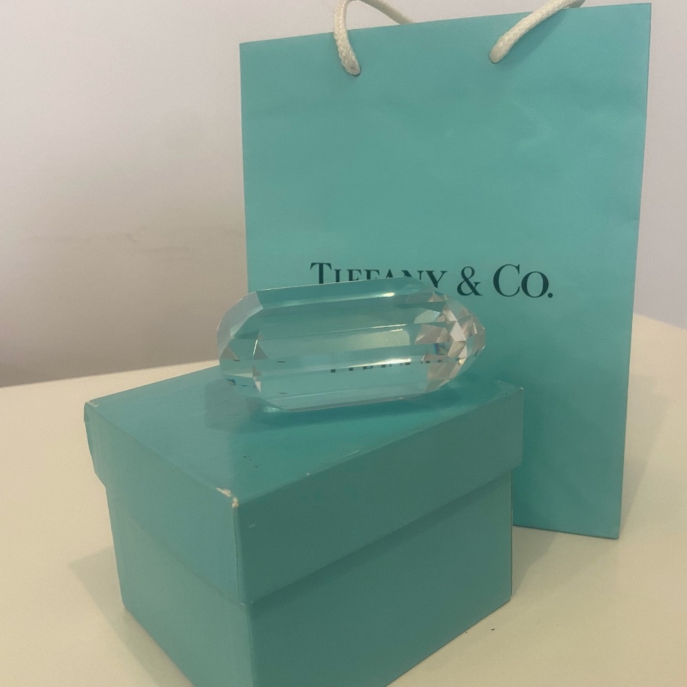 Tiffany Emerald Cut Crystal Paperweight . Vintage . New in original box